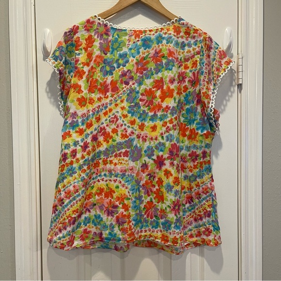 Talbots Blouse Women’s XL Rainbow Floral Embroidered Trim Cotton Happy Bohemian - Picture 3 of 10